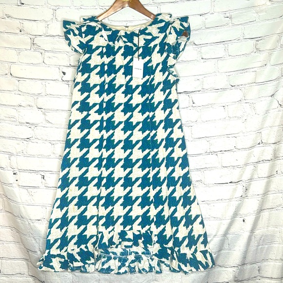 Coach Dresses & Skirts - Coach Teal Blue Cream Houndstooth Ruffle Dress Size 2 Brand New W/Tags